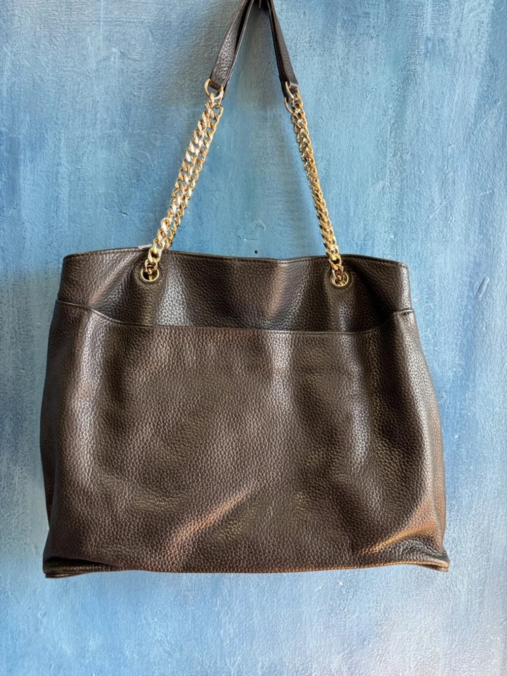 Classic Black Leather Tote with Gold Chain Straps